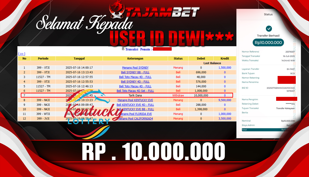 TAJAMBET JACKPOT TOGEL (KENTUCKY EVE) Rp.10.000.000.,- LUNAS