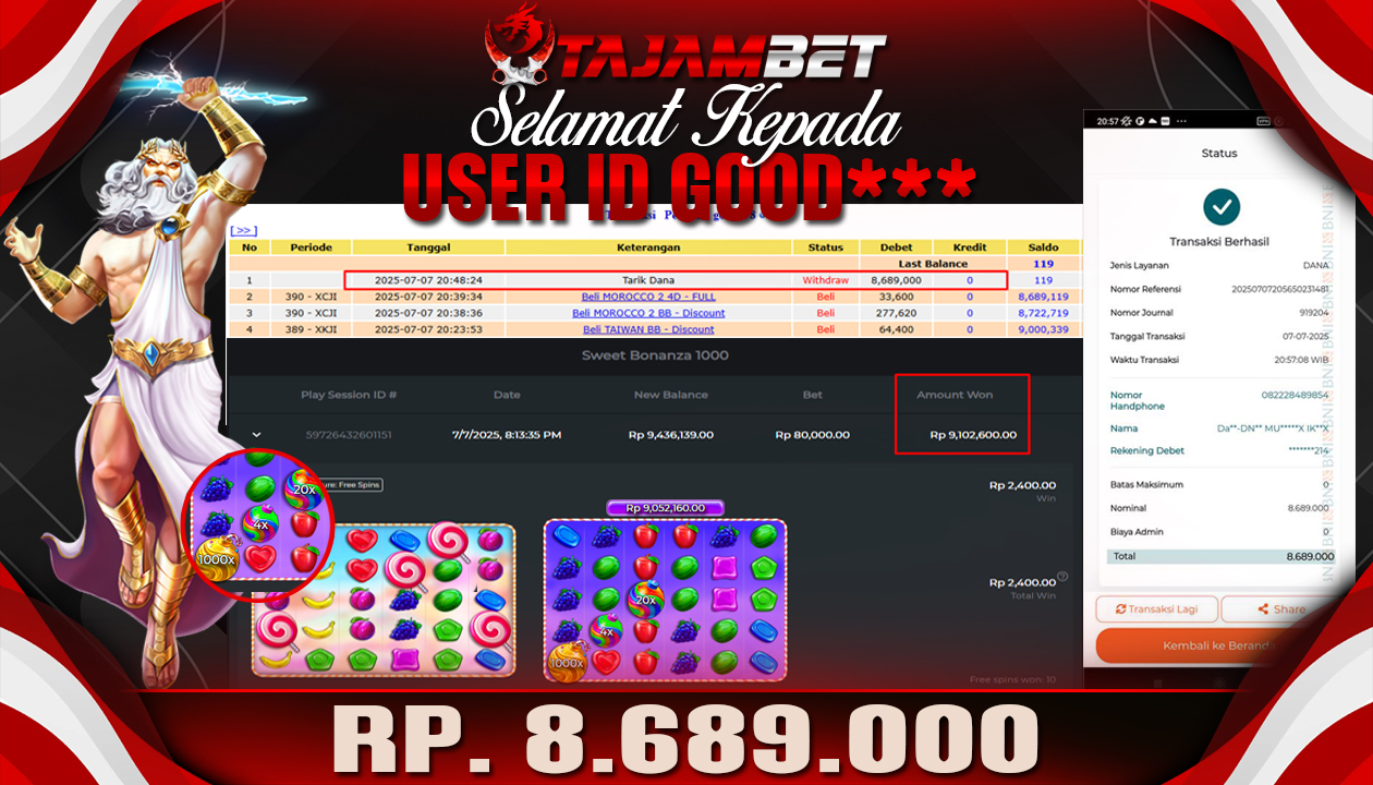 TAJAMBET JACKPOT SLOT (SWEET BONANZA 1000) Rp.8.689.000.,- LUNAS