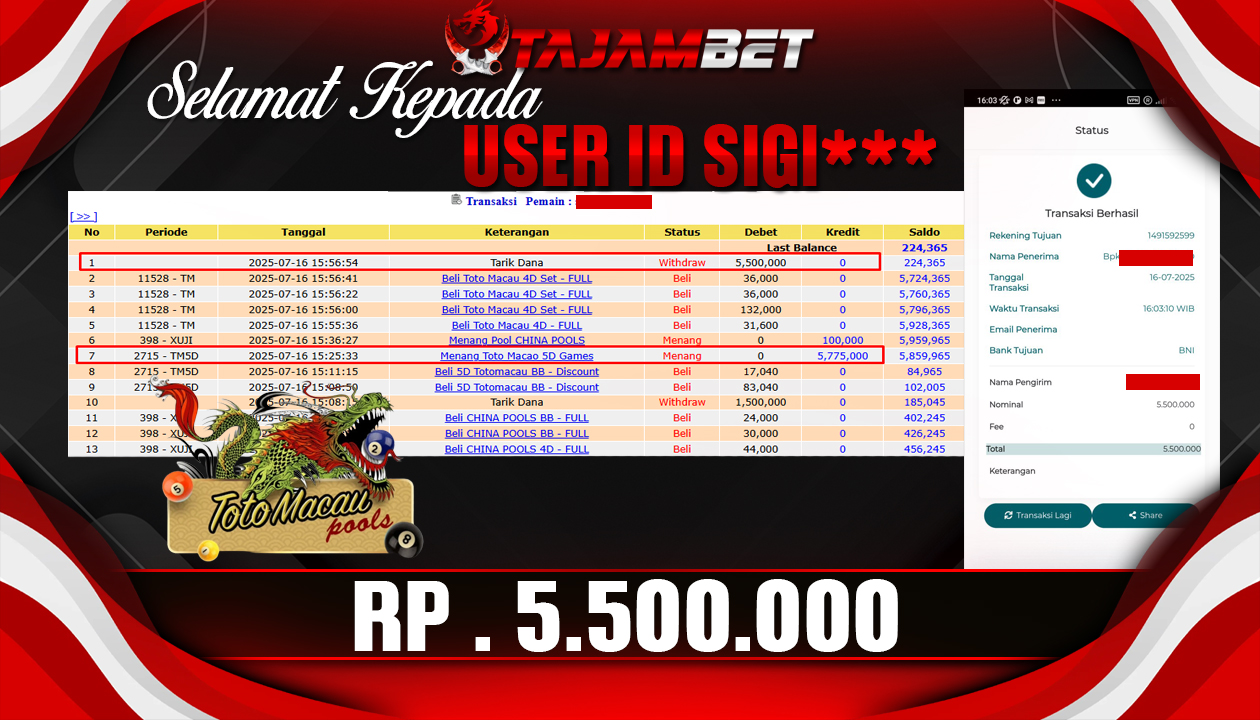 TAJAMBET JACKPOT LIVEGAME (TOTOMACAU 5D) Rp.5.500.000.,- LUNAS