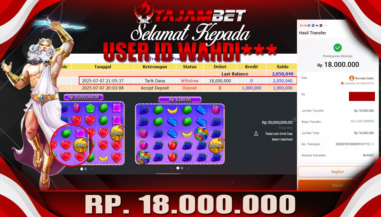 TAJAMBET JACKPOT SLOT (SWEET BONANZA 1000) Rp.18.000.000.,- LUNAS